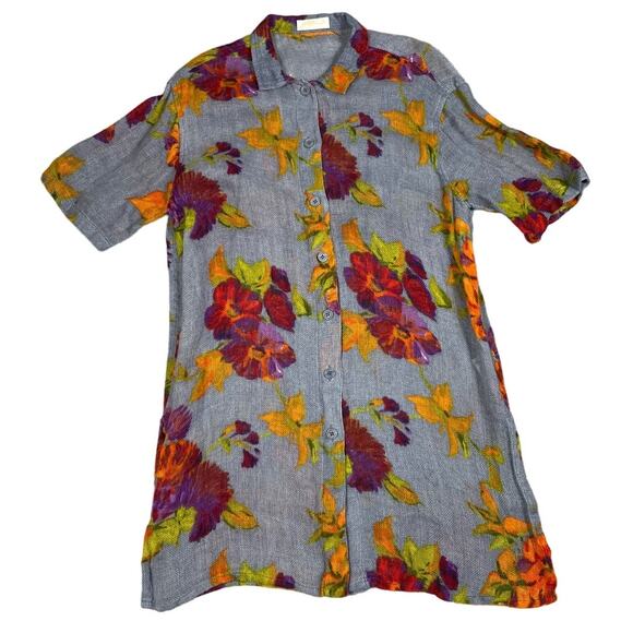 Gottex Womens Size M Linen Floral Button Up Long Tunic Top Cover Up - Picture 1 of 12